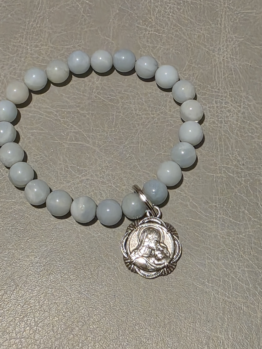 Brighton Light Blue White Stretch Beaded Madonna Charm Bracelet Jewelry Religion